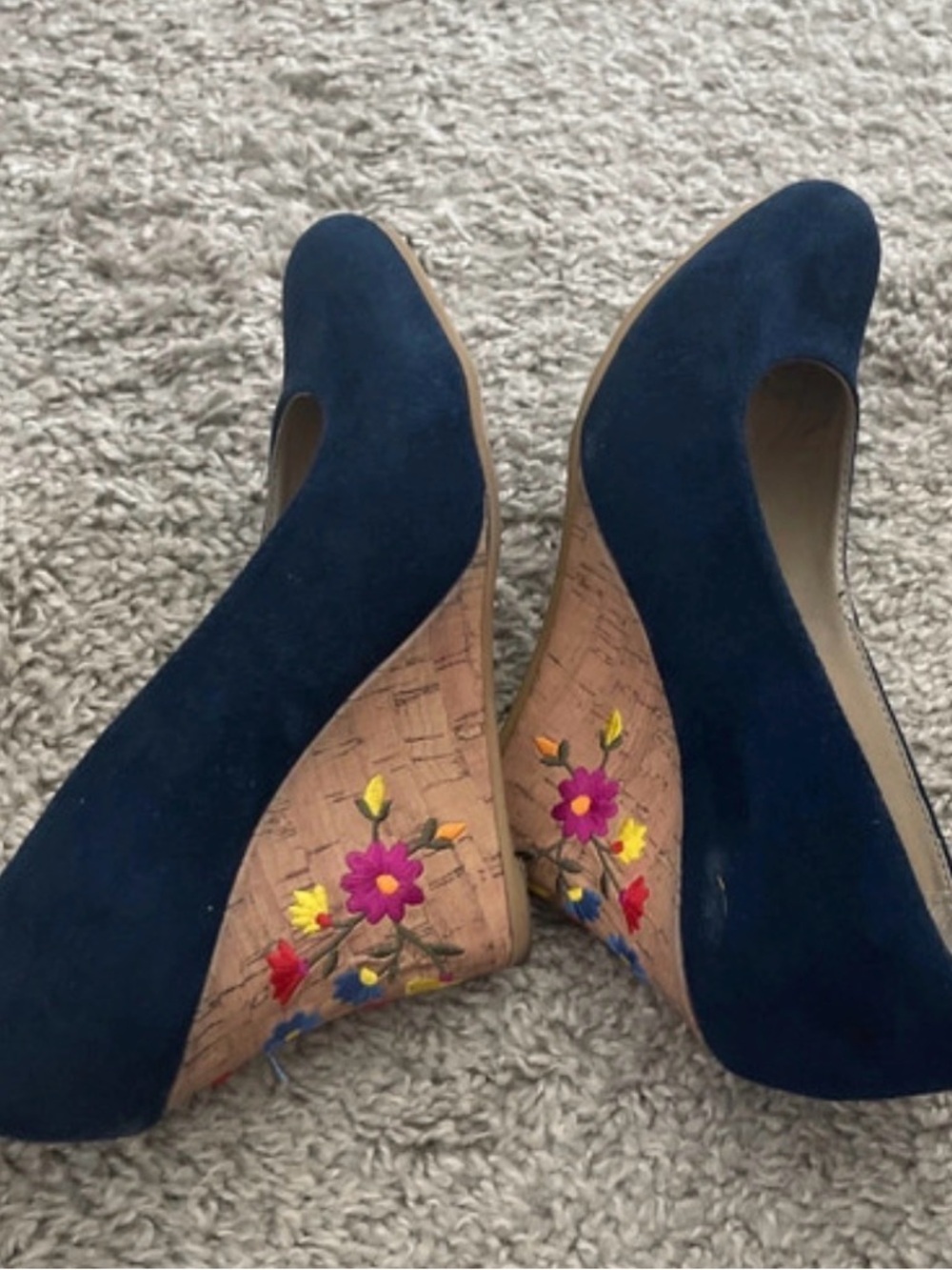 Rialto Navy Suede Wedges with Embroidered Floral Cork Heel